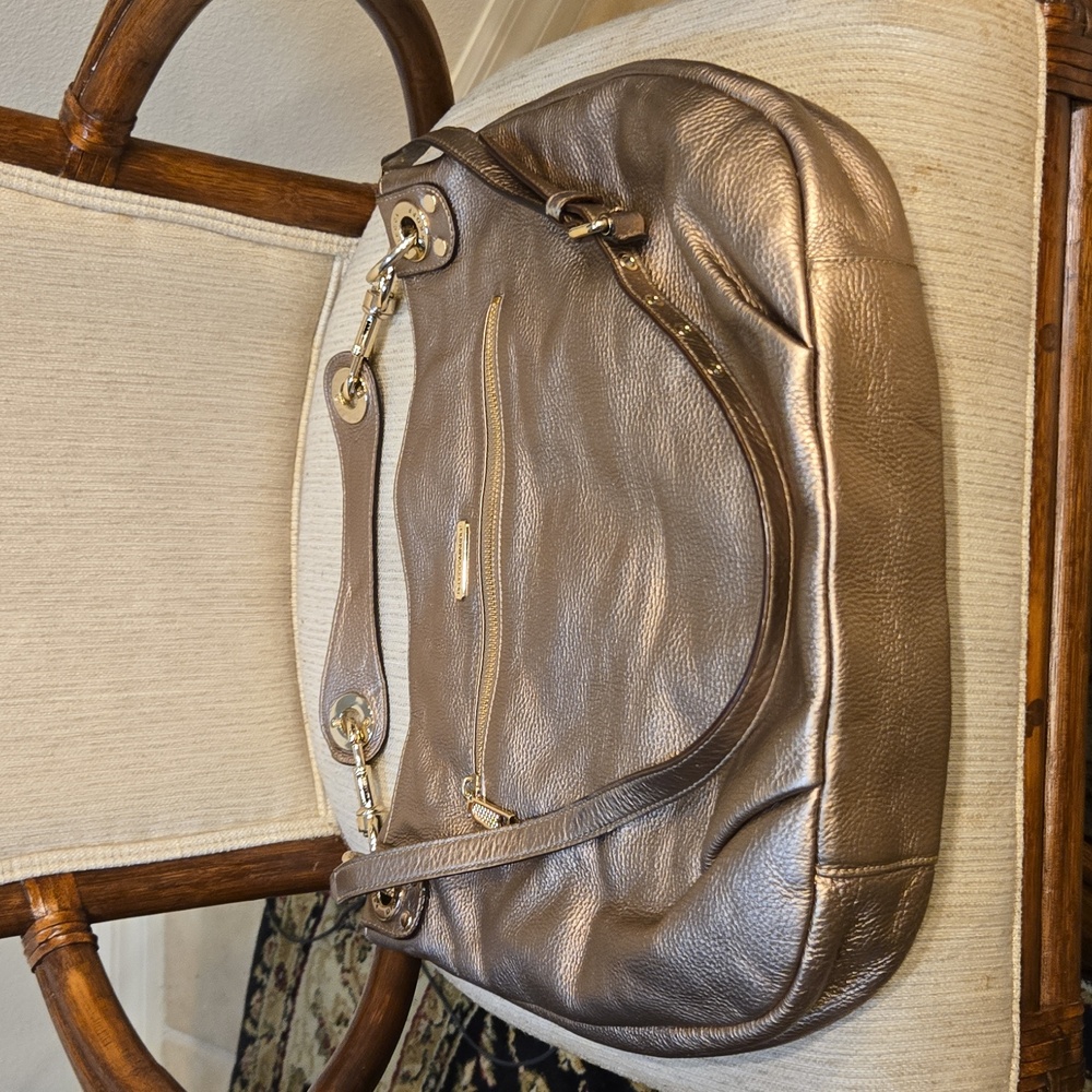REBECCA MINKOFF Bronze Leather Studded Hobo Handbag Shoulderbag Detachabl Straps - Picture 4 of 16